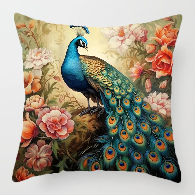Retro Pfauenblumenmuster Kissenbezug für Wurfkissen mit Kurzplüschdruck Wohnzimmer Sofa Dekoration Kissenbezüge