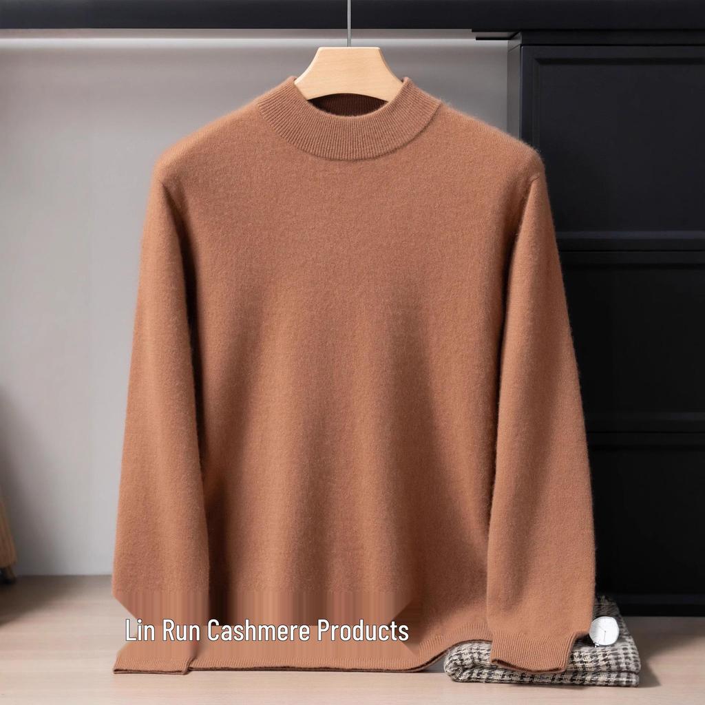 Men's 12-Gauge Double-Layer Cashmere Sweater, Half-High Collar, Long-Sleeve, Business Casual, Warm Knitted Base Layer