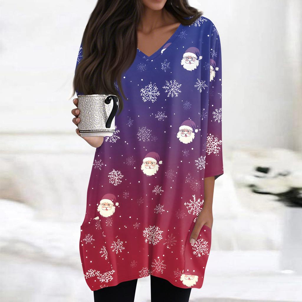 Womens Tops V-neck 3/4 Sleeve Blouses Casual Mid-length Shirts Fashion Christmas Print Tunic Tops With Pockets