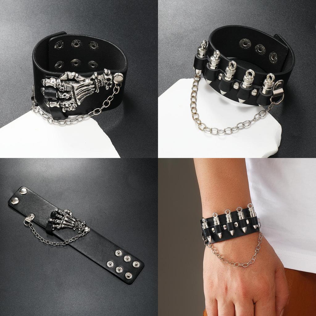 Gothic Skeleton And Bullet Design Neutral Chain Leather Handpiece For Halloween Accessories Summer