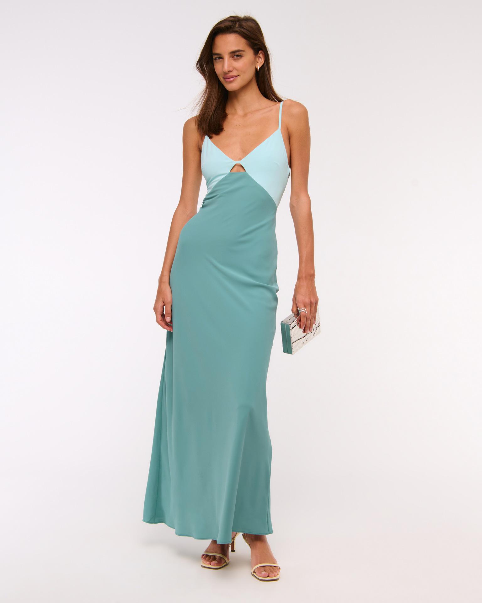 2026 European-American Color-block Maxi Dress: Sexy Backless, Waist-Cinching Spaghetti Strap Style S