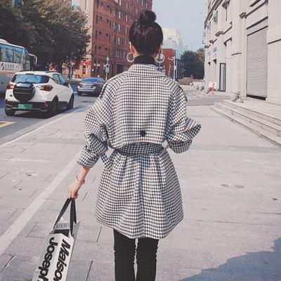 Verdickter koreanischer, schwarz-weiß karierter, lockerer, mittellanger Retro-Mantel für Damen