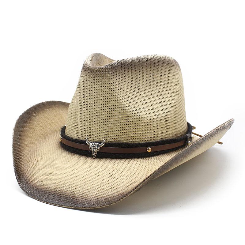 Straw Hat Ethnic Style Cow Head Ethnic Style Western Cowboy Straw Hat Characteristic Spray Paint Roll Brim Sun Hat