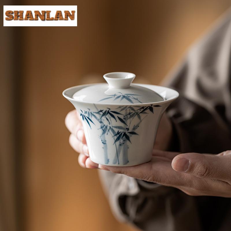 110ml Hand-painted Blue Bamboo Gaiwan Ancient Plant Gray Tea Tureen Tea Bowl With Lid Kit Tea Brewing Cover Bowl Teaset Gift