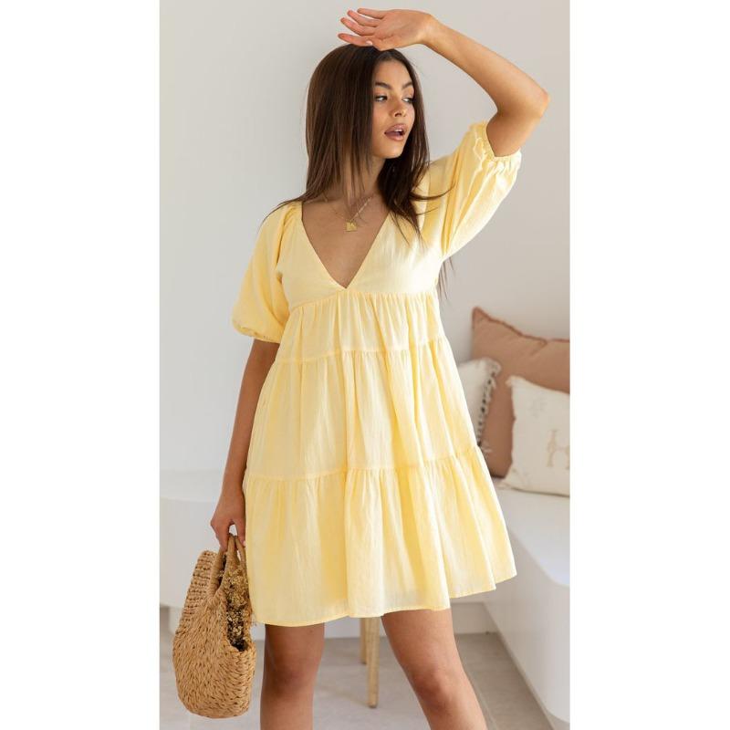 Женская мода лето весна сплошной цвет печати с коротким рукавом V-образным вырезом свободные повседневные платья S жёлтый