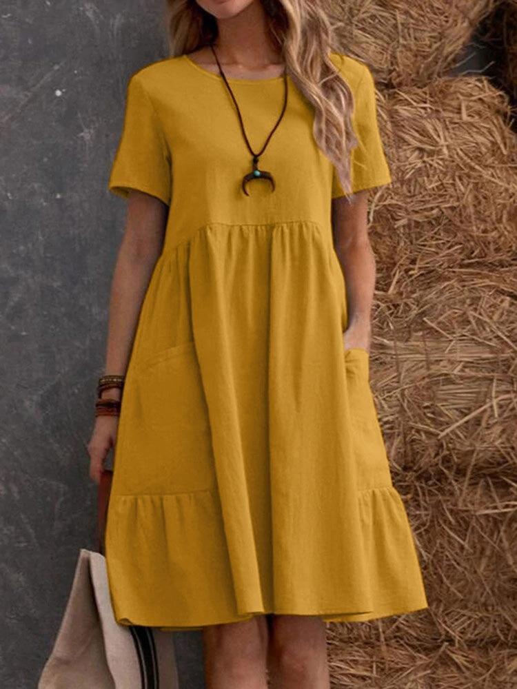 

Summer Casual Women s Midi Dress Flowy Beach Dress with Pockets Short Sleeve Cotton Linen 3XL хакі