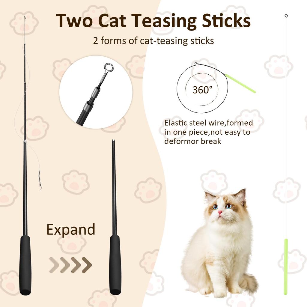 GeeRic 14-Piece Cat Toy Set with Natural Feathers, Dangler, and Retractable Fishing Rod, Indoor Game Equipment, Cat Supplies, and Cat Play