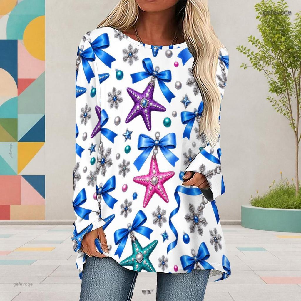 Women Plus Size White Christmas Printed Round Neck Long Sleeve Loose High Low Hem Shirt