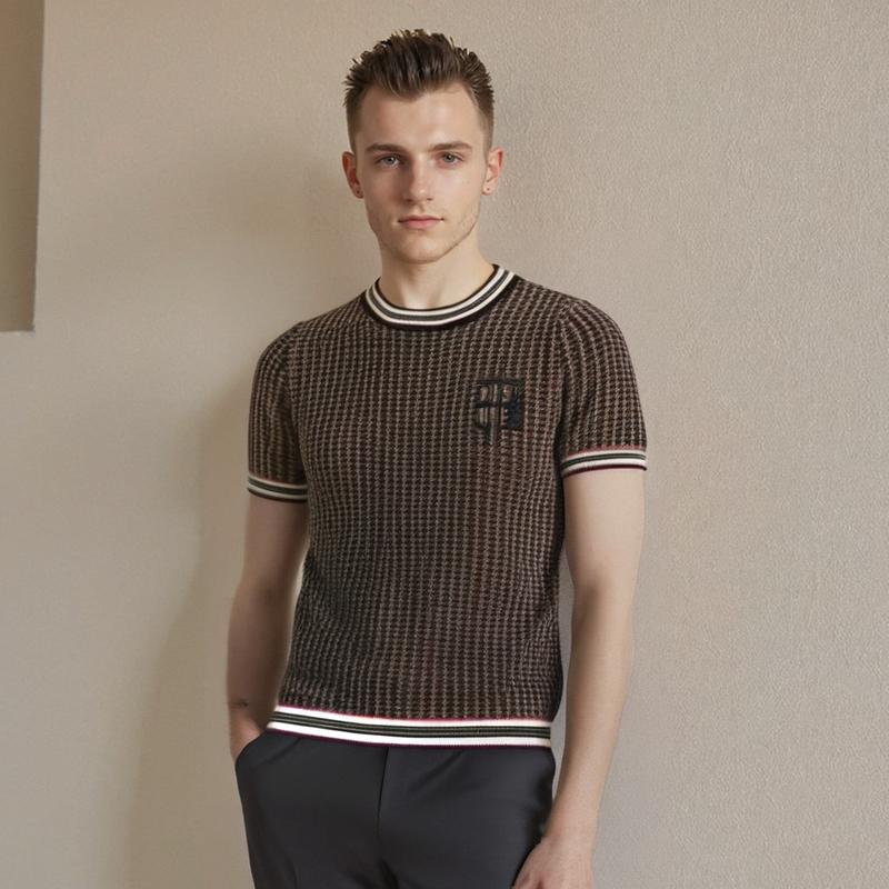 

Korean Style Slim Fit Men s Round Neck Youth Business Fashion Short Sleeve Knit Shirt Summer Houndstooth Top 3XL коричневий