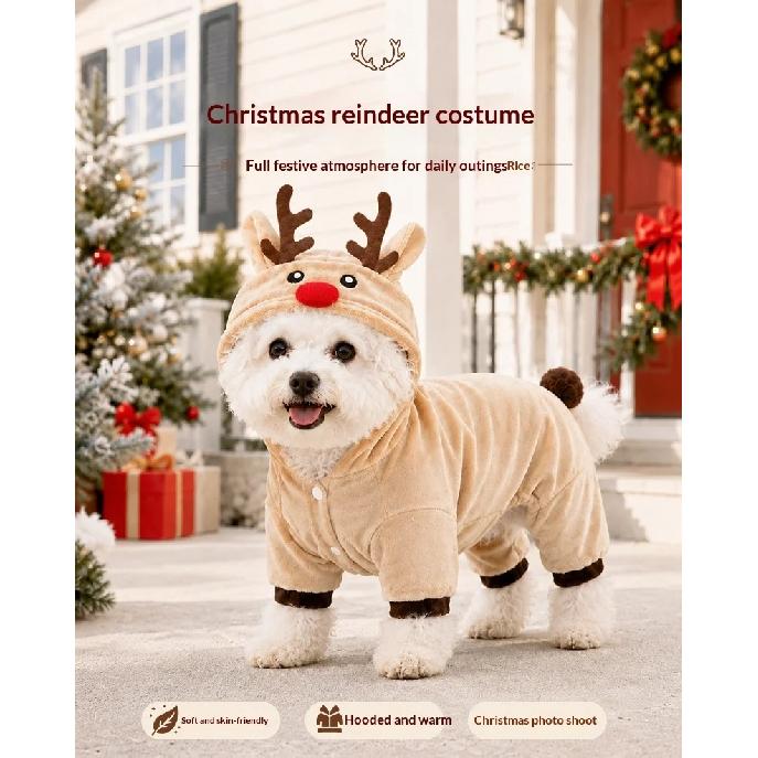Reindeer One-Piece Four-Legged Pet Outfit for Small To Medium Dogs Christmas Theme Pet Clothes