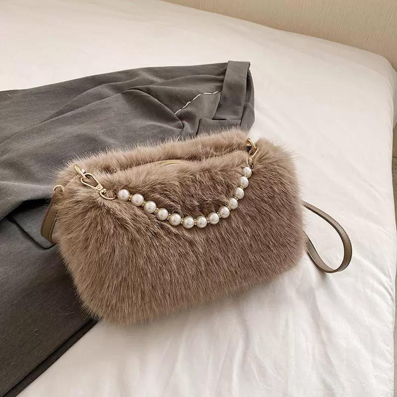 Yogodlns Winter Fashion Women's Faux Fur Shoulder Bags Candy Color Pearl Handle Crossbody Bag Small Fluffy Female Pillow Handbags