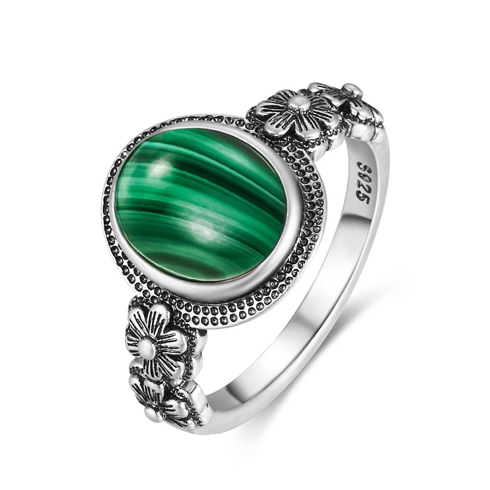 Vintage S925 Silver Ring Oval Round Natural Malachite Ring Sun And Flower Shaped Retro Fine Jewelry For Women Men