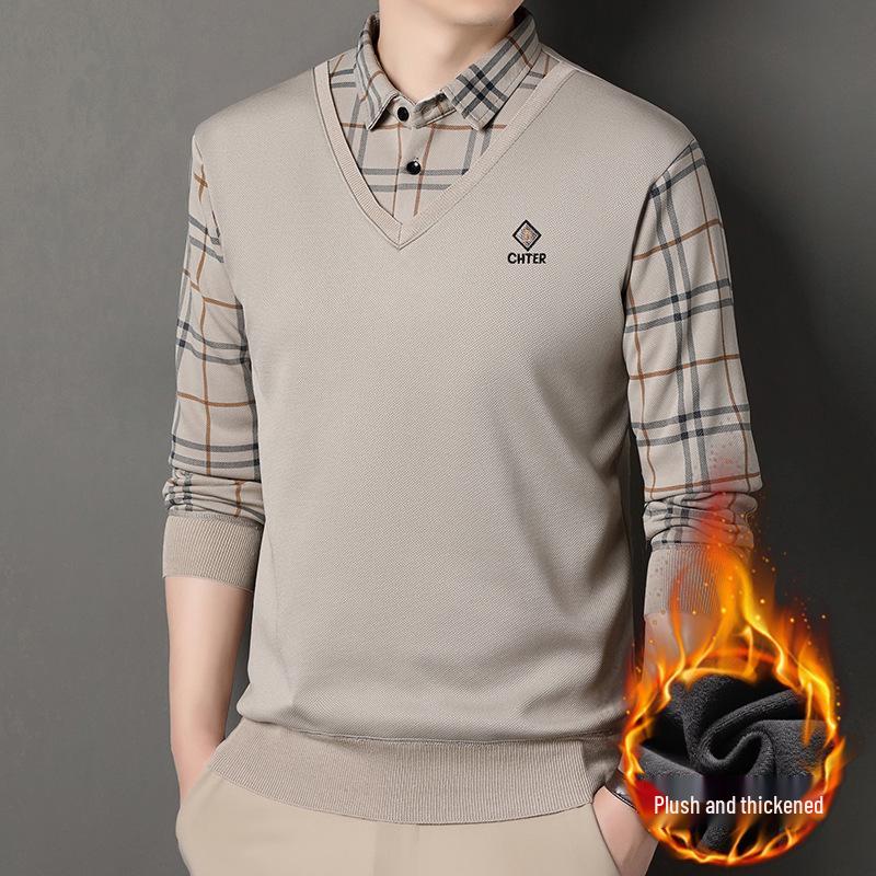 

Чоловіча осінньо-зимова трикотажна куртка-сорочка два в одному з вельветовою підкладкою 3XL