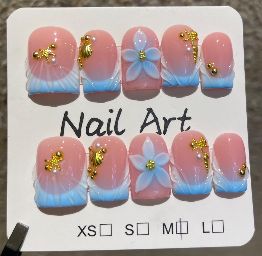 10Pcs Blue Sea Summer Press on Nails with Hand Drawn Shell Pearl Starfish Designs Nail Art Reusable Handmade French False Nails