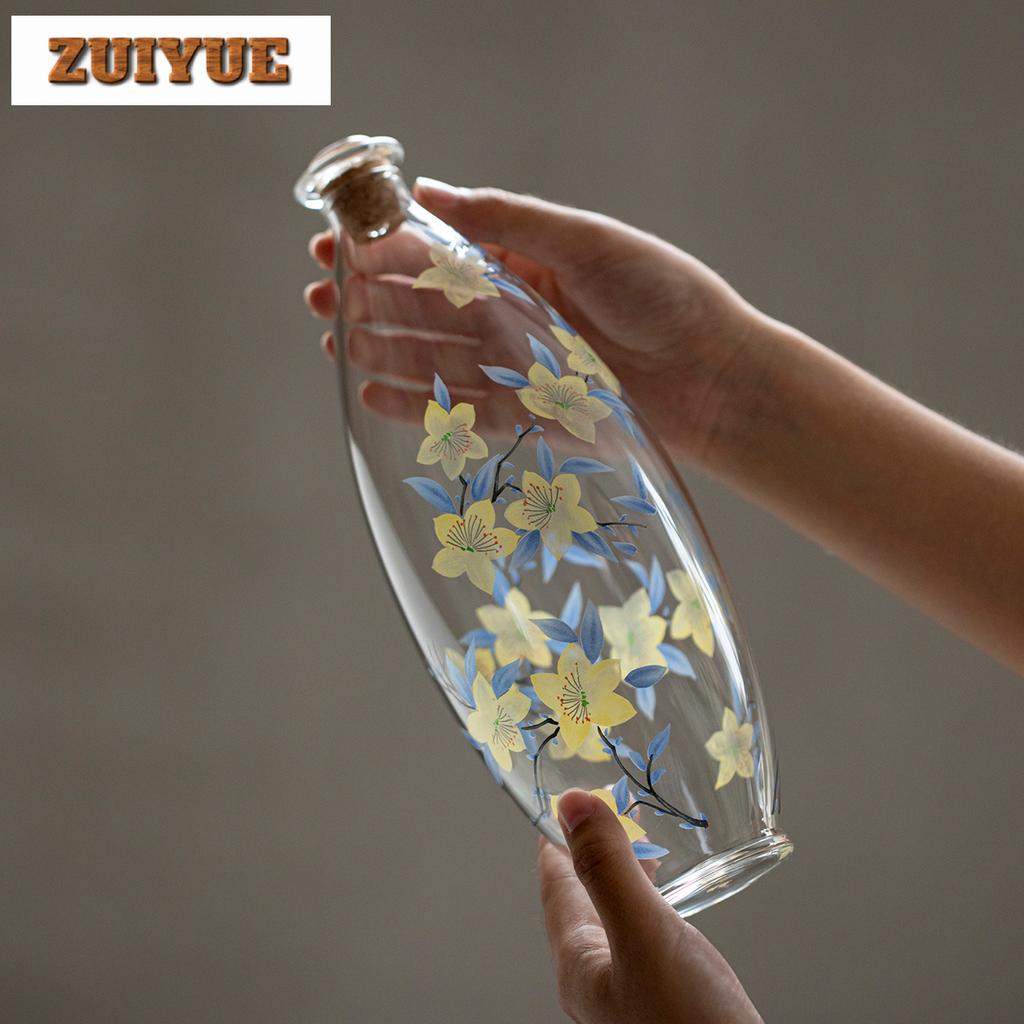 850ml Hand Painted Lily Glass Water Jug Heat-resistant Water Kettle Wine Beer Bottle Hot And Cold Water Pitcher Tea Services