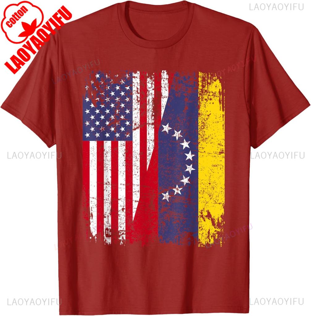 Venezuelan Roots Half American Flag Cotton TShirt Summer Casual Patriotic Gift Lightweight Breathable Trendy for Unisex WOMEN
