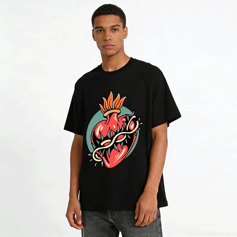 Vintage Flame Thorn Heart Print Tee Retro American Style Cotton Top Pure cotton T-shirt