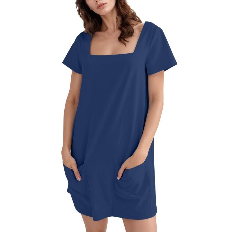 Women's Square-neck Short-sleeved Fashionable Short Skirt Pocket Casual Dress