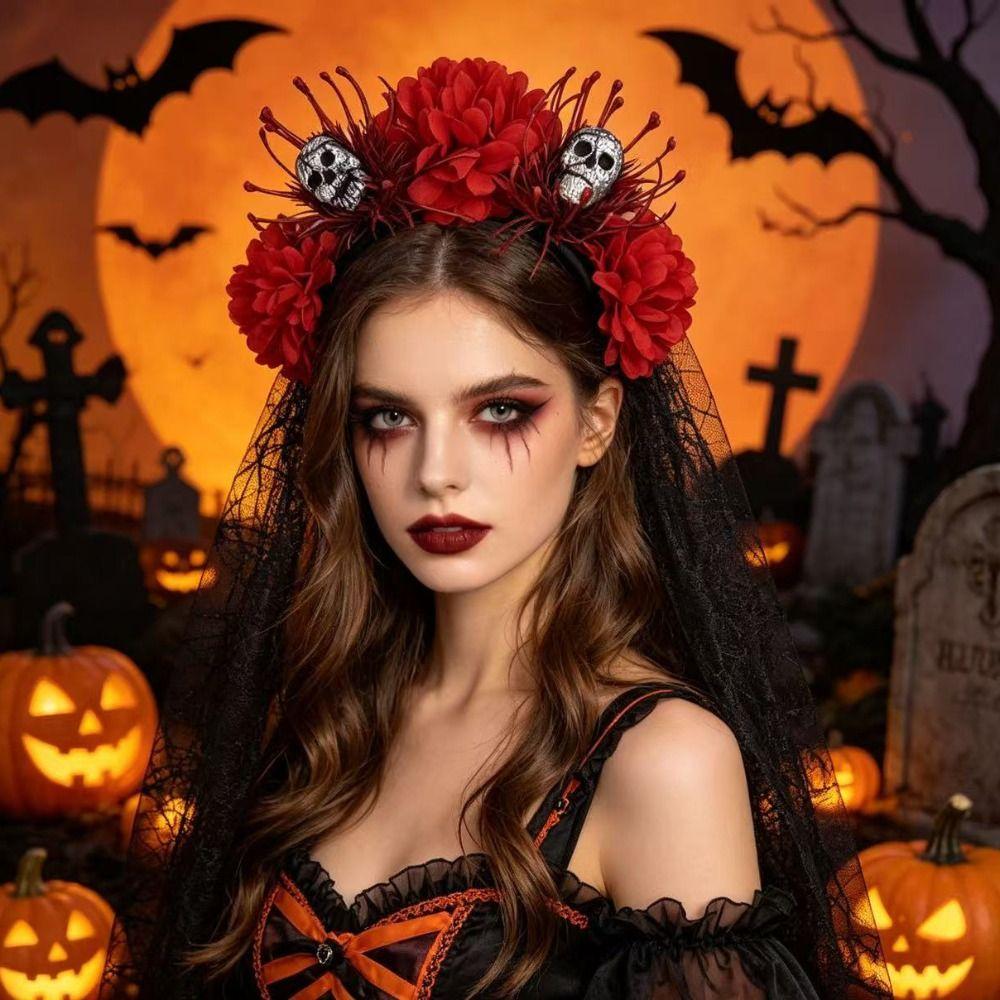 Dark Purple Skull Headband Lace Veil Gothic Hairband Stylish Skull Headwear Halloween Party