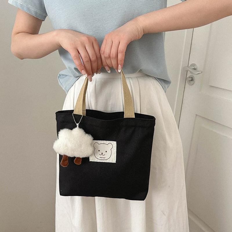 Women Fashion Handbag Canvas Small Bear Tote Bag Hand Lunch Bag Korean Canvas Bag Handbags Cotton Cloth Picnic Travel Bento Bucket Bag