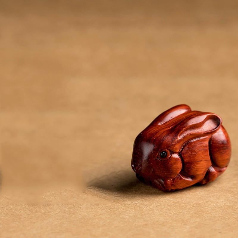Cute Small Wooden Rabbit Figures 1.37" Green Sandalwood Carving Zodiac Rabbit Handicrafts Desk Home Decoration DIY Pendant Gift