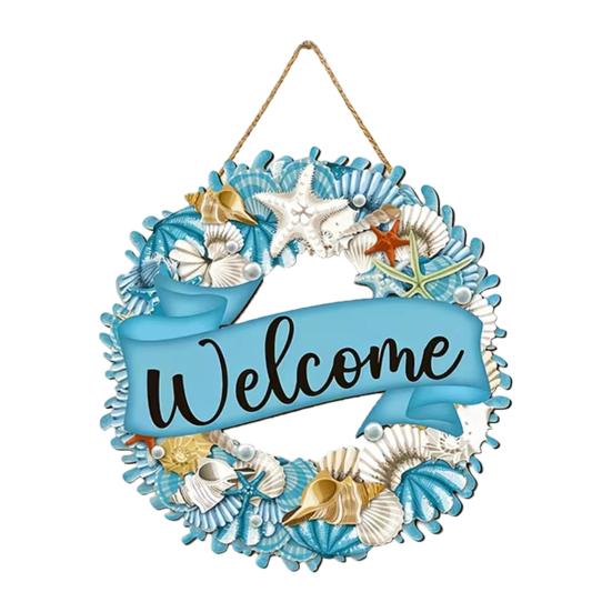 

Welcome Summer Sign Shells Starfish Wall Hanging Wreath Farmhouse Coastal Beach Wooden Round Door Hanger for Front Door Porch Courtyard Decor 1