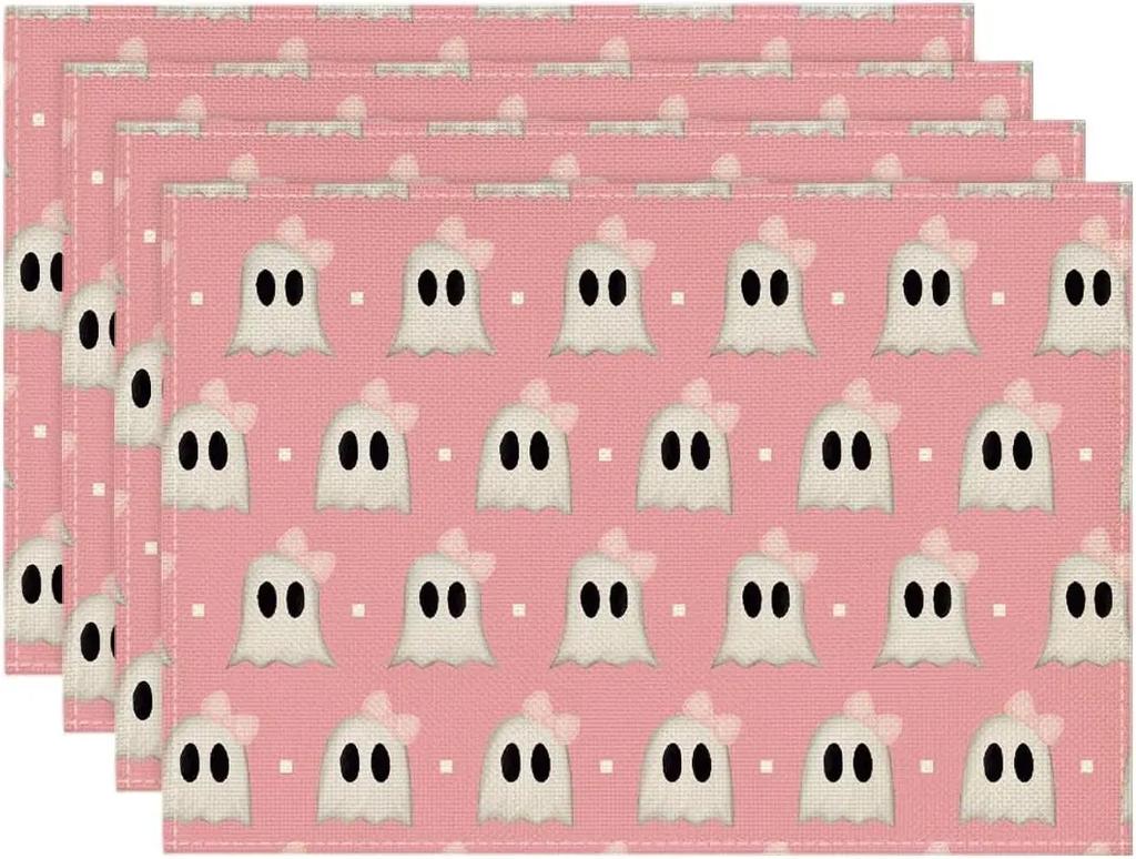 Black Stripes Ghost Boo Spooky Halloween Placemats Set of 4, 12x18 Inch Seasonal Vintage Table Mats for Party Kitchen Dining