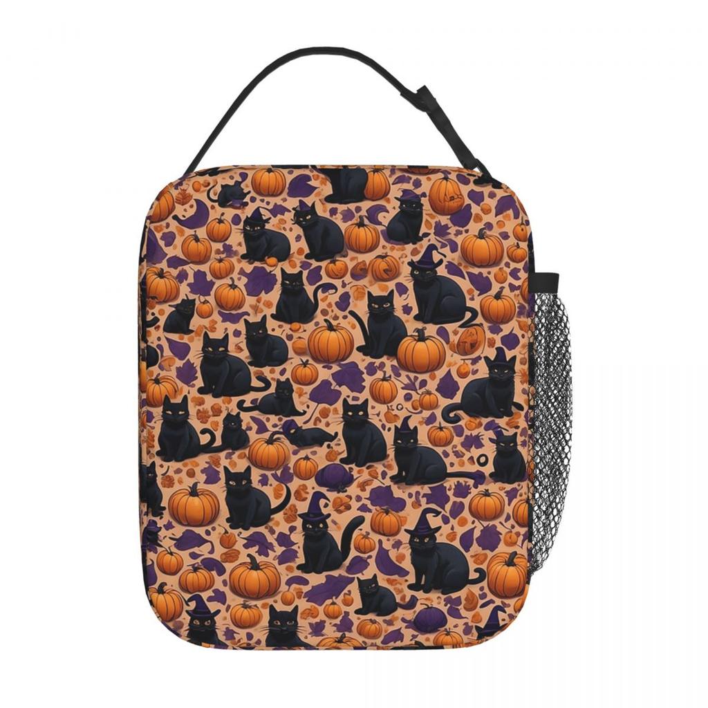 Witch Black Cat Pumpkin Halloween Pattern Insulated Lunch Bag for Women Kids Portable Food Boxes Thermal Lunch Box Tote
