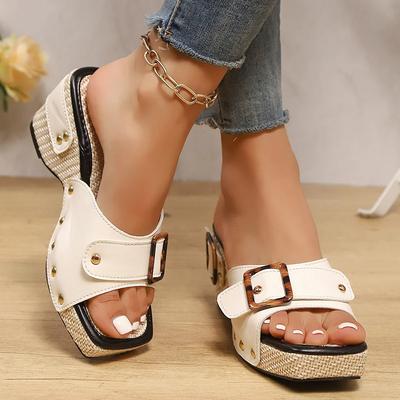 Fashion 2025 New Metal Buckle Wedge Sandals for Women Fashion Rivet Decor Platform Slippers Woman Summer Thick Sole Roman Sandals Ladies