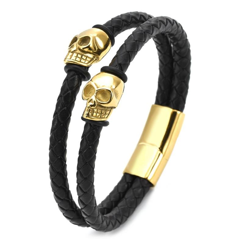 New Hand Woven Gold-plated Stainless Steel Skull Scalp Leather Bracelet with Punk Style Magnetic Buckle Men's Leather Bracelet