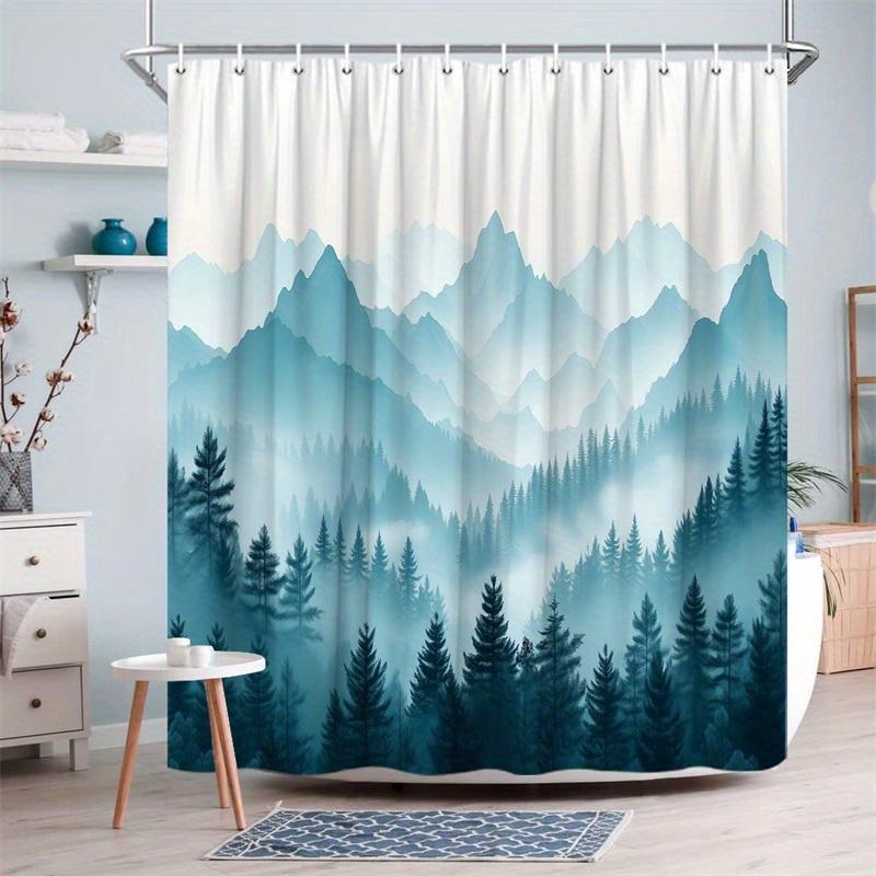 1 Realistischer Berglandschaft Duschvorhang - Kiefern, neblig blaue Berge Design, Polyestergewebe, maschinenwaschbar