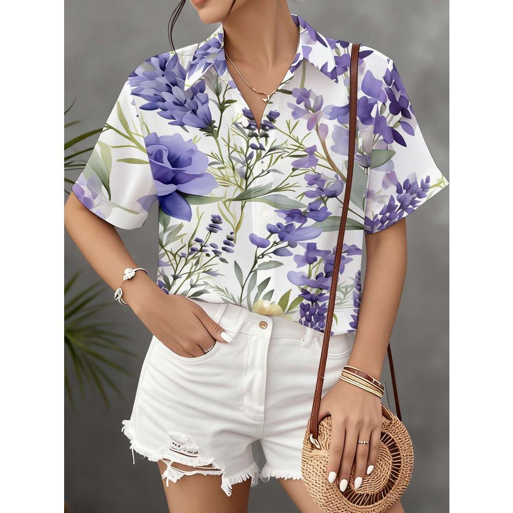 

Women s Casual Short-Sleeve Shirt with Purple-Blue Floral Clusters and Scattered Light Green Branches and Leaves Pattern S