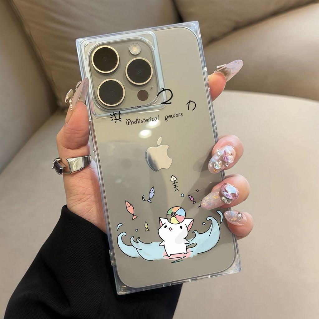 Clear Square Back Tube Case Protection For iPhone 14 Pro Max 13 16 ProMax 12 15 Plus 11 Rowing Cat Pattern