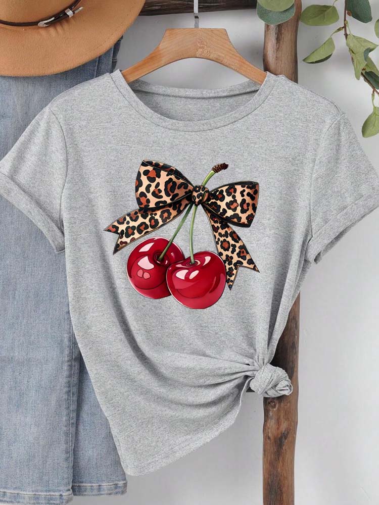Fashion Lovely Cherry Print TShirt Short Sleeve CrewNeck Casual Commuter Tops for Summer Spring Womens Clothing Otaku Tees