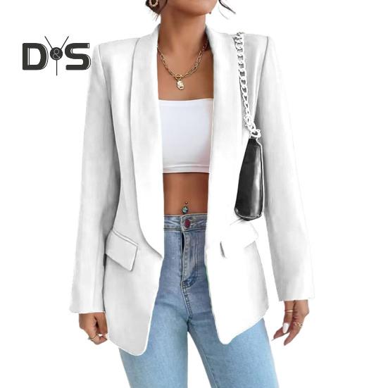 

Женский костюм, пальто, весна-осень, однотонный деловой костюм, пальто с лацканами и длинными рукавами, карманы с клапанами, куртка с открытым передом 2XL белый