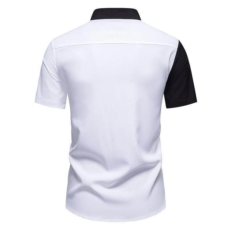 Men's Asymmetric Color Block Short Sleeve Button Down Shirt Black White Breathable Casual Business Tops