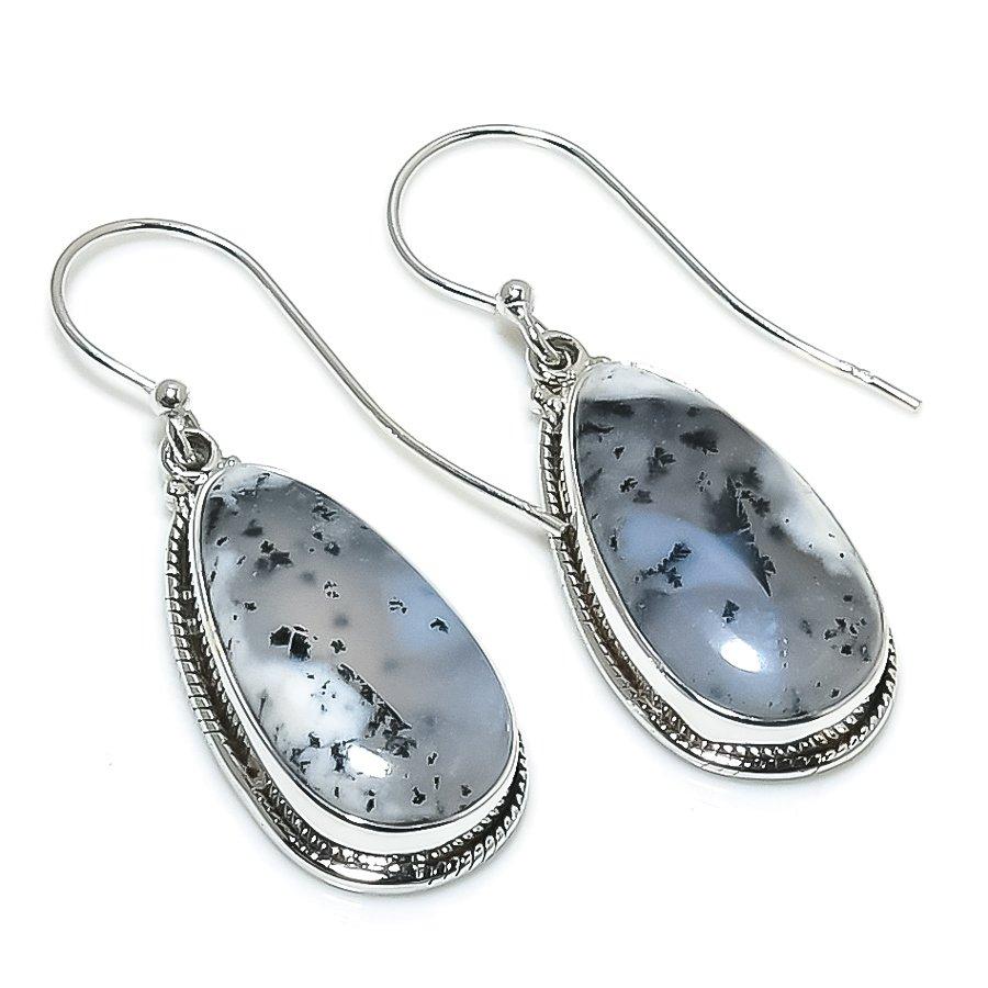 Natural Dendrite Opal Gemstone 925 Solid Sterling Silver Gift Earring 1.50" v1A59