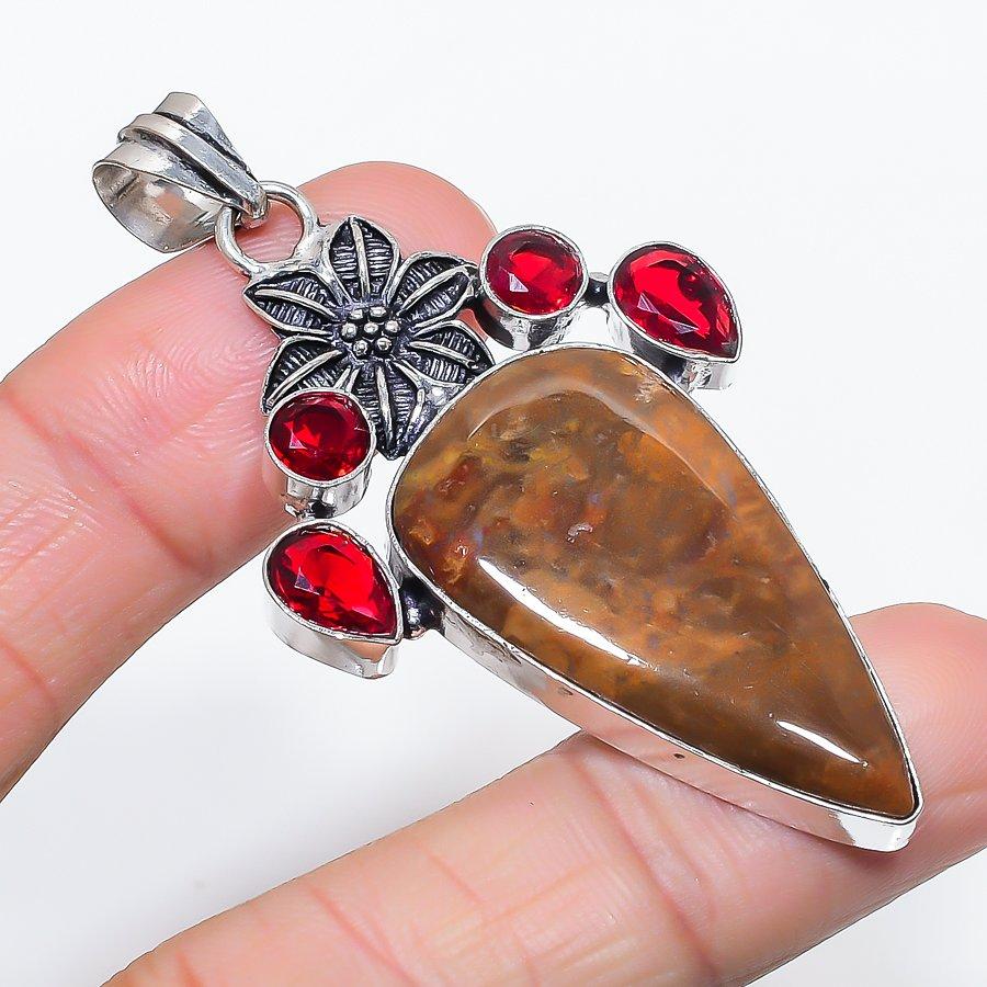 Natural Bloodstone, Garnet 925 Sterling Silver Jewelry Pendant 2.60" U8i55