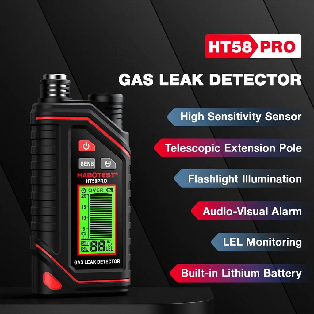 HT58PRO Gas Leak Detector Natural Gas Detector Sound & Light Alarm 0-9999ppm Portable Combustible Gas Detector Extendable Probe