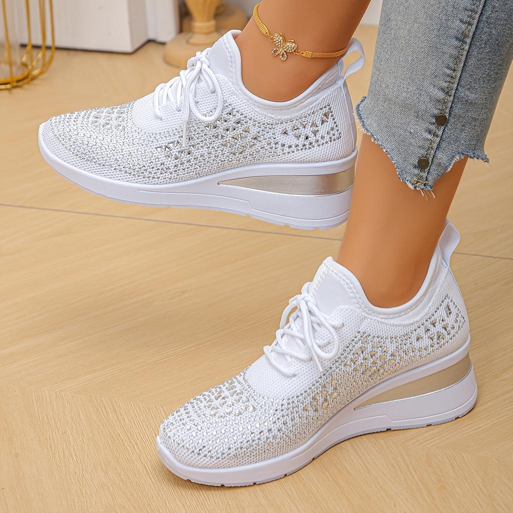 A Pair of Crystal-Embellished Women'S Sneakers | Casual Low-Top, Comfortable and Versatile for All-Season Wear, Fabric Upper and PVC Sole