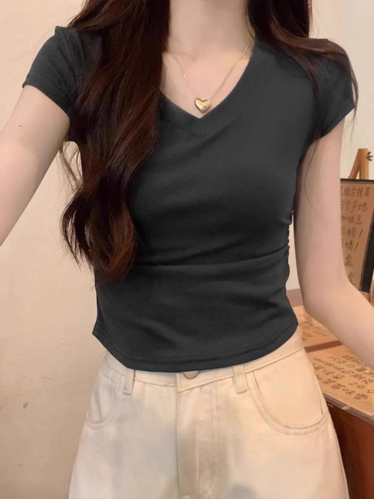Korean shoulder v-neck short-sleeved t-shirt women's spring summer design feeling waist fold thin short Spice Girl top