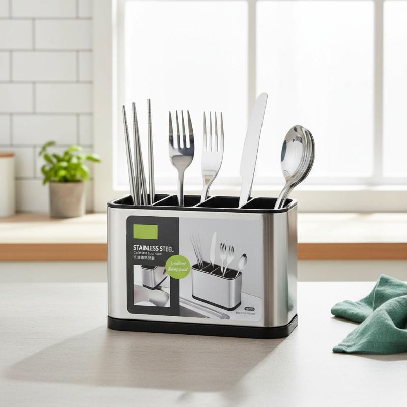 Porta utensili in acciaio inossidabile con più scomparti e design drenante per piano cucina, contenitore per posate