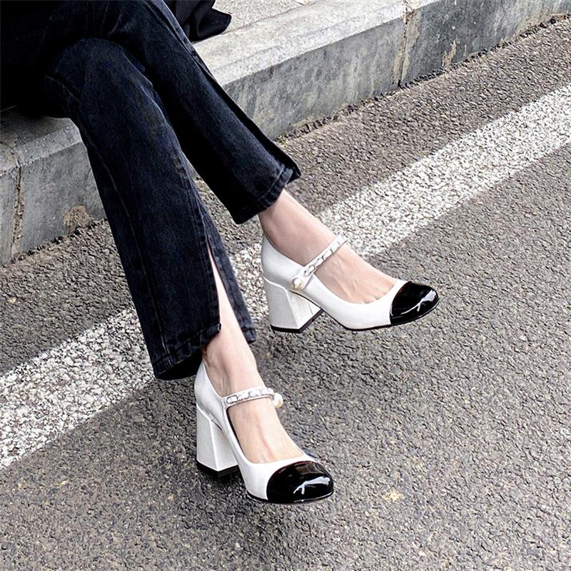 2025 Spring/Autumn French Retro Color Block Pearl Chunky Heel Mary Jane Women s High Heels 35