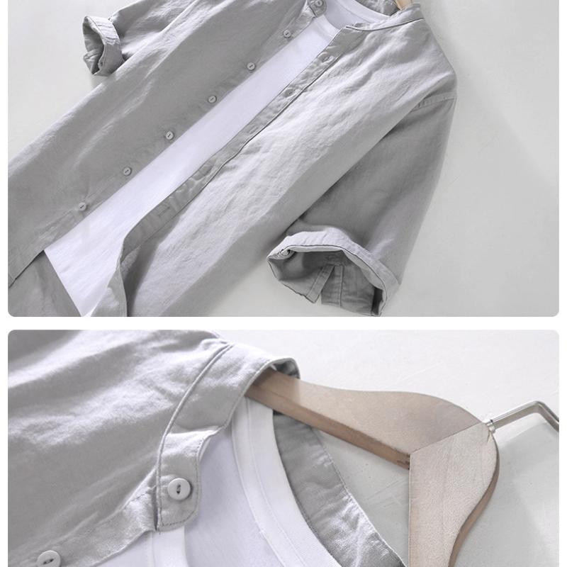 Beach Summer Tops Male Japanese Style Cotton Linen Short Sleeve Shirt Stand Collar Green Shirts for Men Breathable Clothing