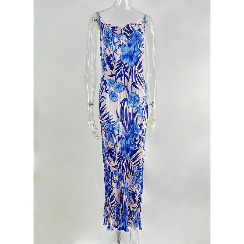 Letnia Moda Temperament Nadruk Fałdy Drukowana Sukienka Kamizelka Damska Sexy Na Cienkich Ramiączkach Szlafrok Vestidos