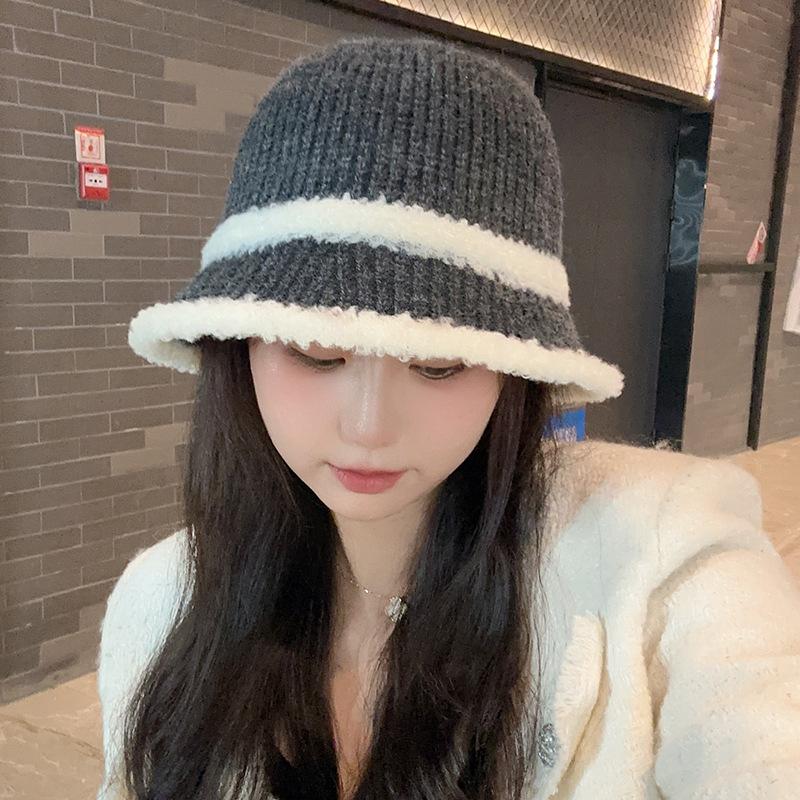 Knitted bucket hat women's new autumn and winter lamb plush color matching bucket basin hat versatile thermal shade basin hat