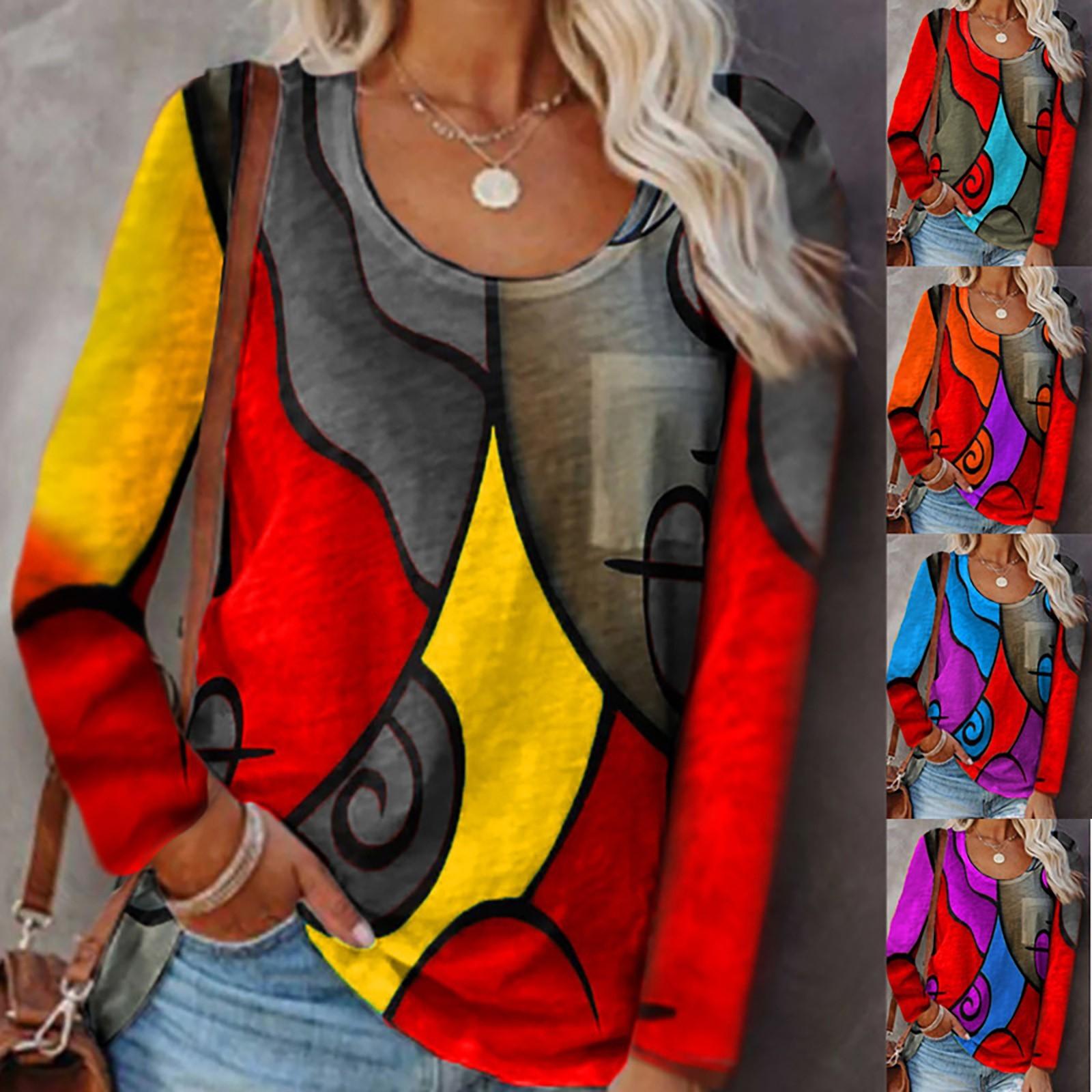 

Fashion Collision Stitching Geometric Print Casual Long-Sleeved T-shirt Female