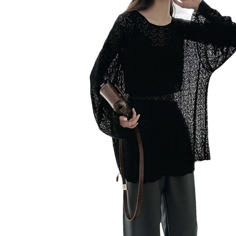 2024 Spring and Autumn New Lazy Wind Loose Long Sleeve Fashion Hollowed-out Slit Knitted Blouse