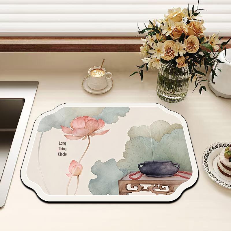 Chinese-Style Irregular Flower & Bird Diatom Mud Coffee Mat: Stain-Resistant, Easy-Clean, Non-Slip Kitchen Draining Mat