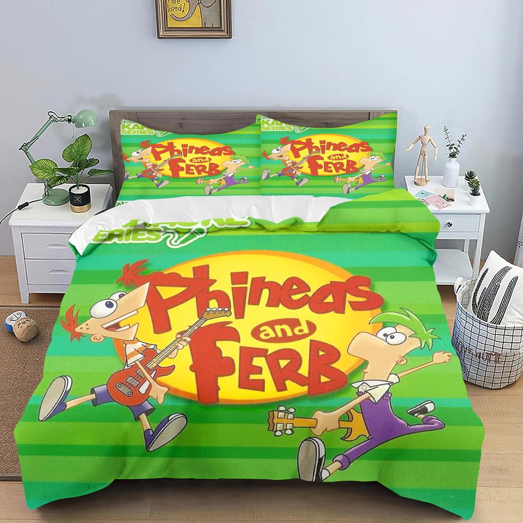 Phineas and Ferb Quilt Cover Cartoon Printed Polyester Duvet for Children Bedroom Anime Cozy Room Bedding Various Sizes